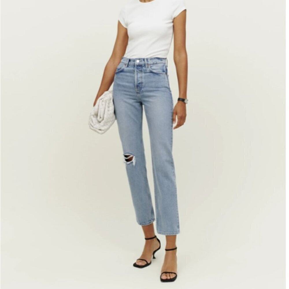 Reformation "Julia" Straight Leg Rigid Jeans in Tahoe Destroyed Size 28